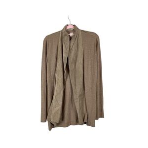 Ecru Taupe Long Sleeve Drape Front Cardigan Jacket Genuine Suede Trim L